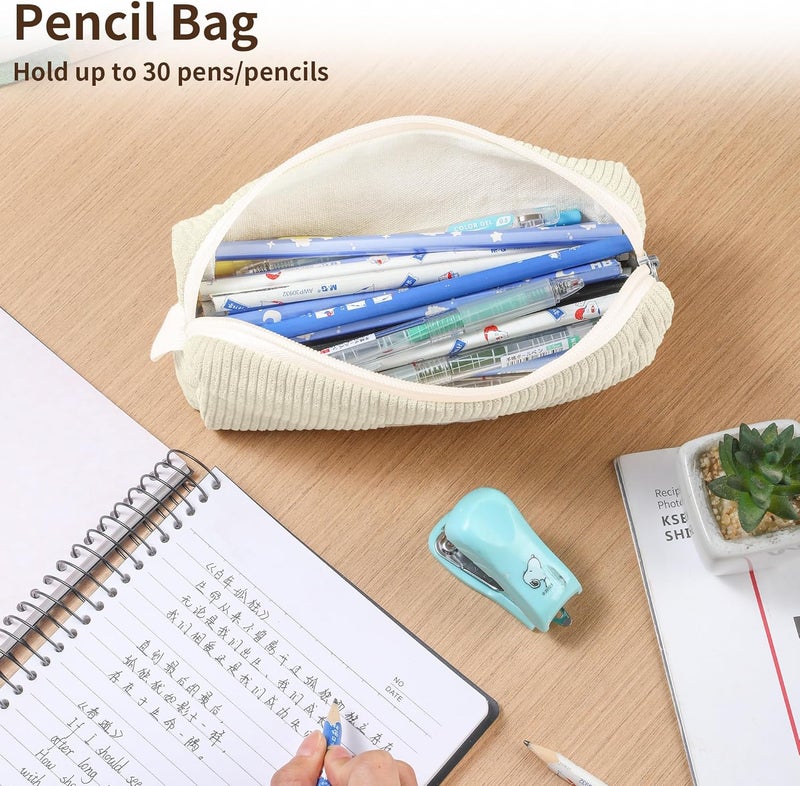 Purbert Pencil Bag Pen Case, Soft Corduroy Small Pencil Pouch Organizer with Zipper, Cute Pencil Case Pouch Stationery for Girls and Boys – White - Image 5